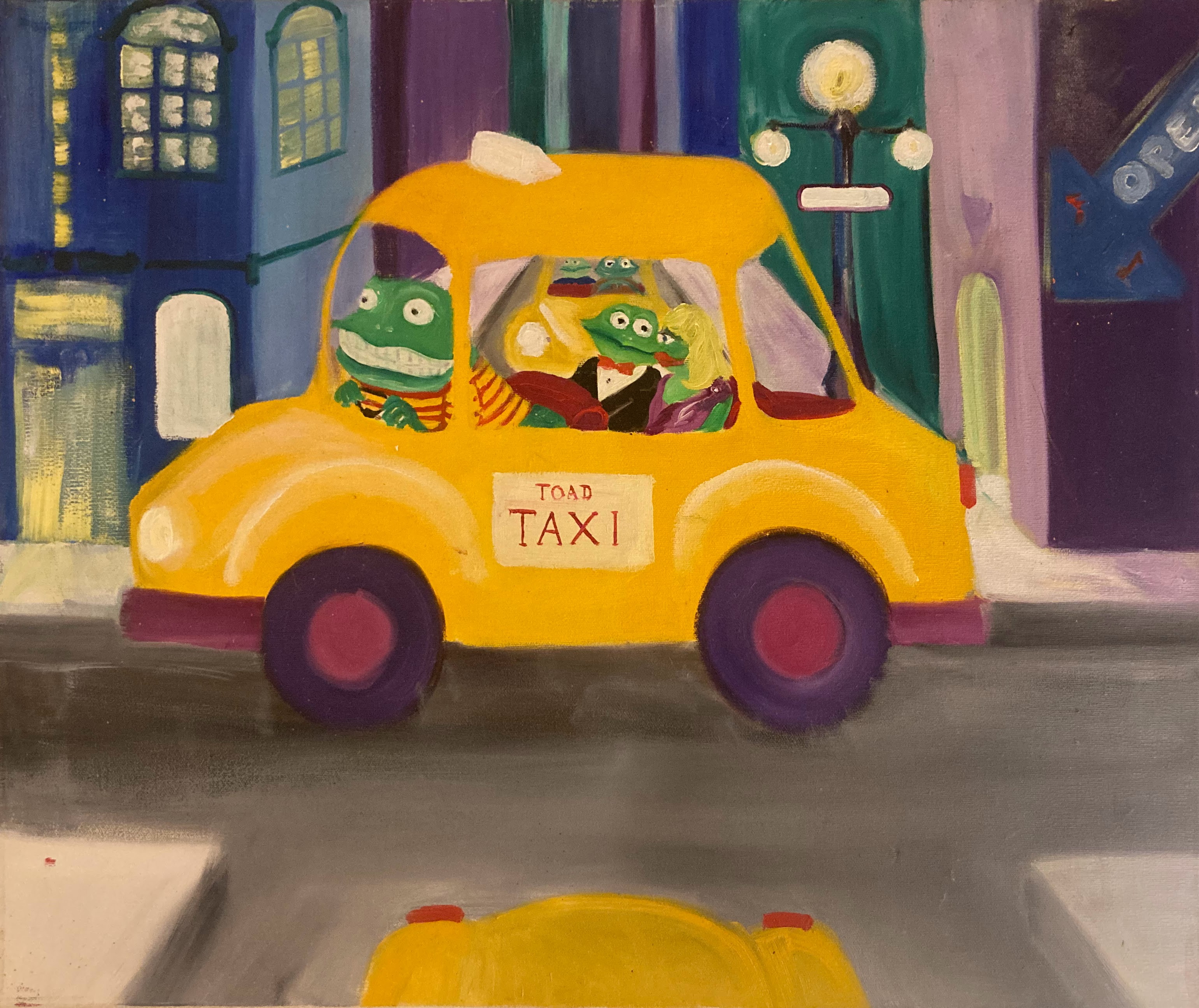 Painting of a toad driving a taxi, with two other toads in the back seat.